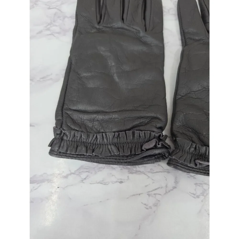 Banana Republic Gray Leather Driving Gloves With Ruffled Cuff Wool Lining